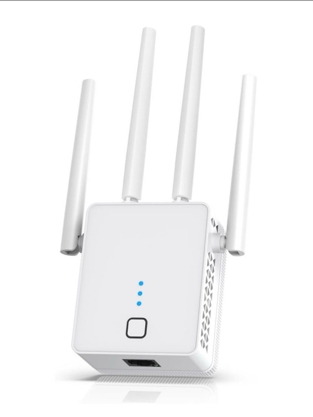 Compact white Wi‑Fi range extender with 4 antenna’s